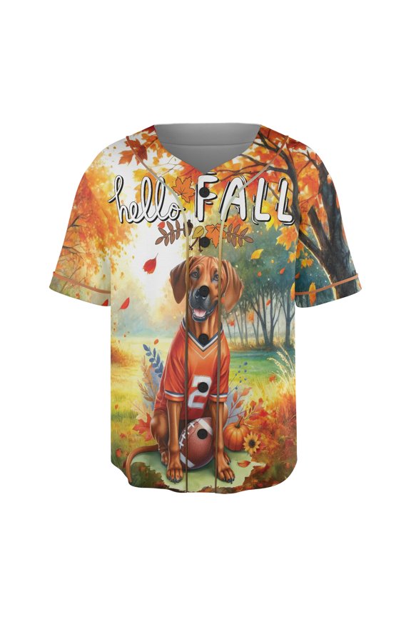 Hello Fall Rhodesian Ridgeback Football Welcome Autumn with Leaves Pumpkins All Over Print 3D Baseball Shirt Ridgebacks Dog Lover Gifts Softball Sport - 00012