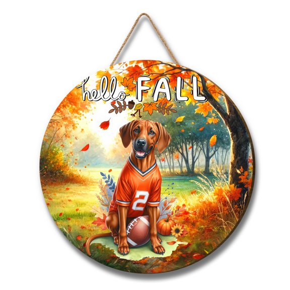 Hello Fall Rhodesian Ridgeback Football Welcome Autumn with Leaves Pumpkins Round Wood Sign Ridgebacks Dog Lover Gifts Hanging Wall Home Decor - 00012