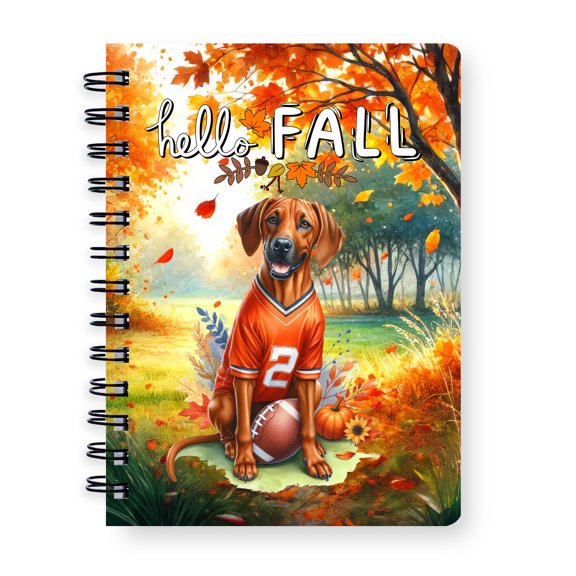 Hello Fall Rhodesian Ridgeback Football Welcome Autumn with Leaves Pumpkins Spiral Bound Journal Ridgebacks Dog Lover Gifts 5x7in Spiral Notebook - 00012
