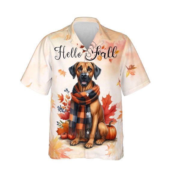 Hello Fall Rhodesian Ridgeback Scarf Welcome Autumn with Leaves Pumpkins Hawaiian Shirt Breathable Summer Unisex Merch Ridgebacks Dog Lover Gifts - 00011
