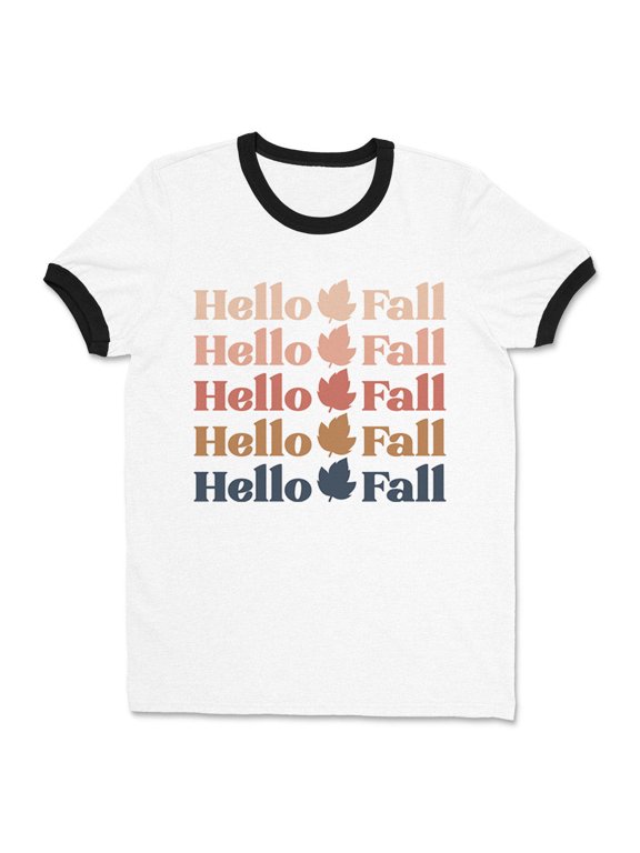 Hello Fall Ringer Tee Shirt Unisex Large White/Black