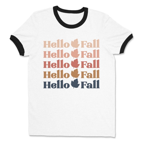 Hello Fall Ringer Tee Shirt Unisex Small White/Black