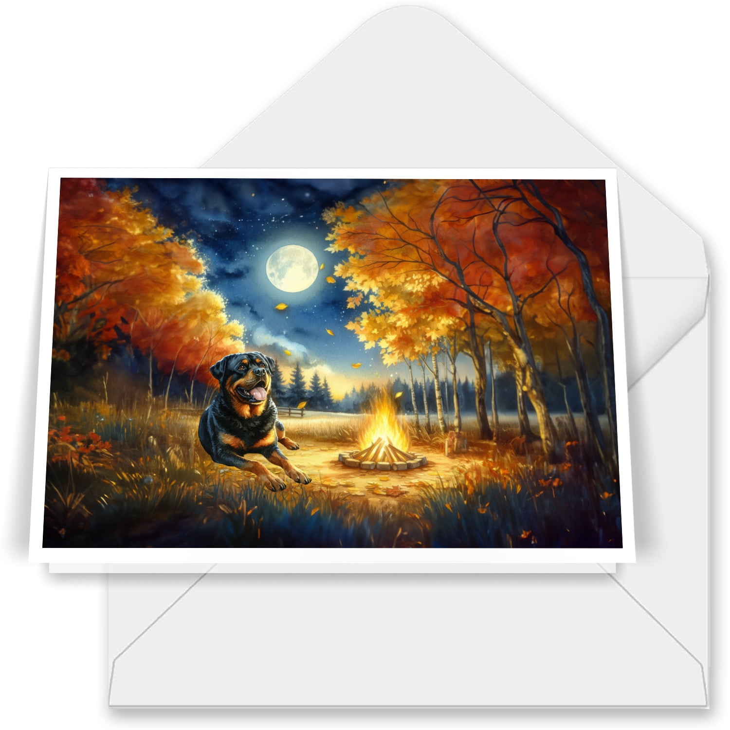 Hello Fall Rottweiler Enjoys Warm Campfire Autumn Night Bright Moon ...