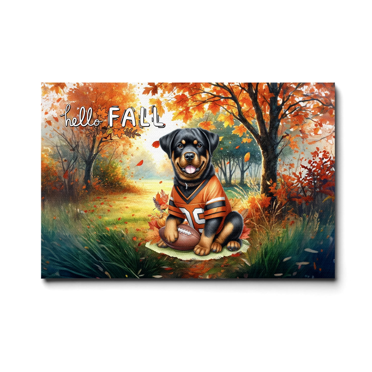 Hello Fall Rottweiler Football Welcome Autumn with Leaves Pumpkins ...