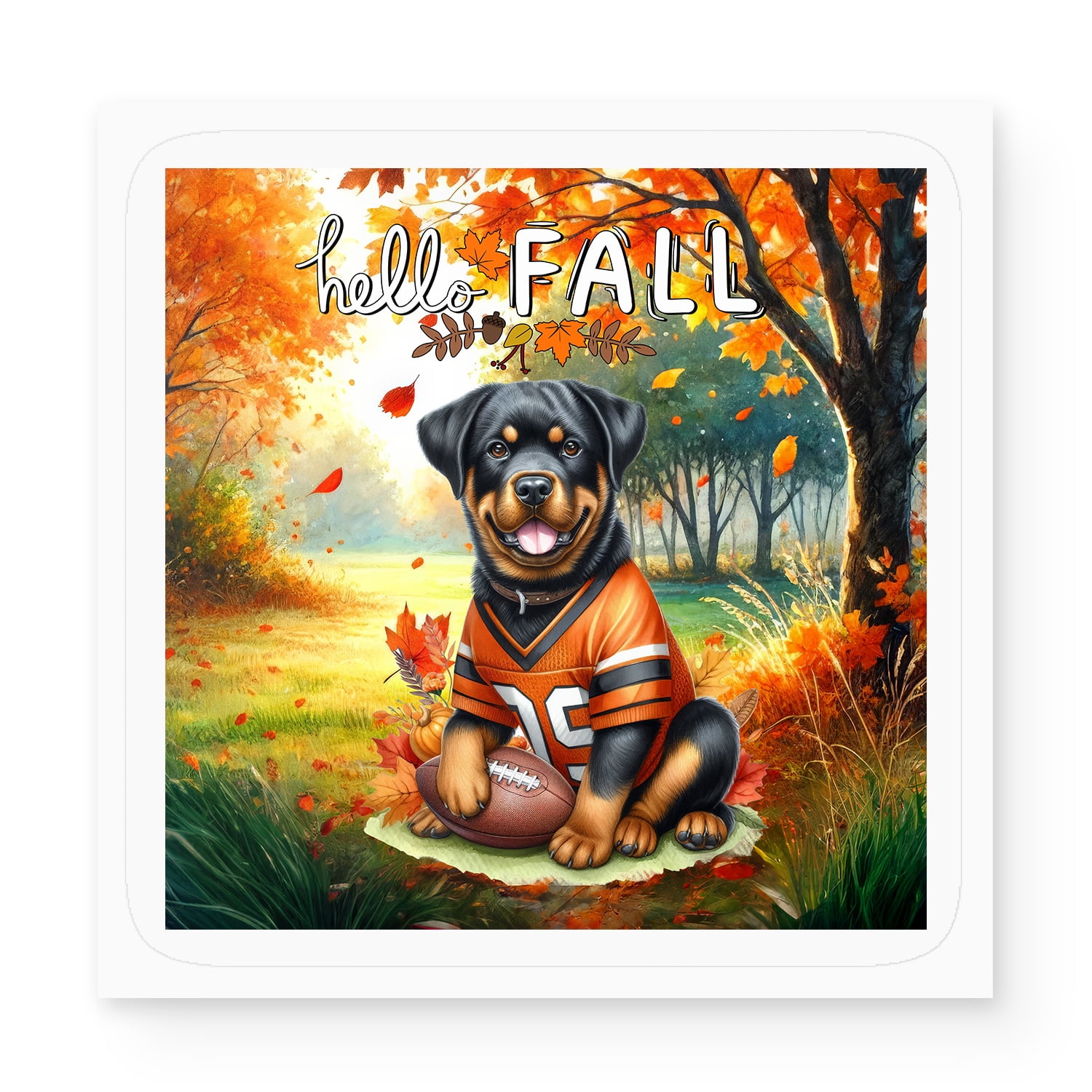 Hello Fall Rottweiler Football Welcome Autumn with Leaves Pumpkins ...