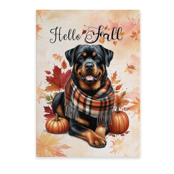 Hello Fall Rottweiler Scarf Welcome Autumn with Leaves Pumpkins Vertical Matte Canvas Poster Rottie Dog Lover Gifts Idea Wall Art Home Decor - 00011