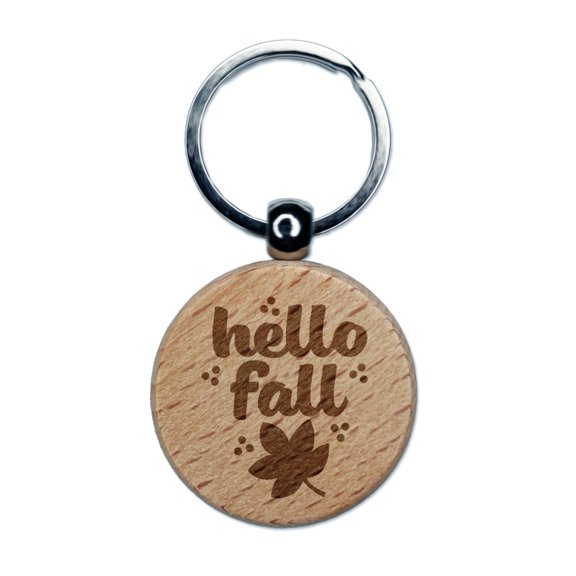Hello Fall Round Keychain Charm Tag - Engraved Wood