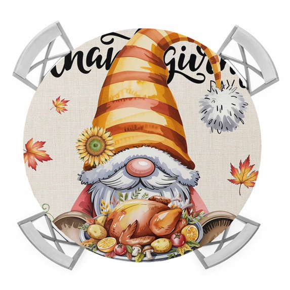 Hello Fall Round Tablecloth for 36-44 Inch Tables, Fitted Table Cover with Elastic Edge, Thanksgiving Gnomes Botanical Turkey Waterproof Outdoor Table Cloth Protector for Patio Garden Dinner Picnic