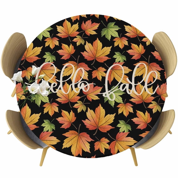 Hello Fall Round Tablecloth, Fitted Table Cover with Elastic for 36"-44" Round Tables, Thanksgiving Maple Autumn Rustic Leaves Black Table Cloth Outdoor Indoor Dinning Party Waterproof Tablecloths