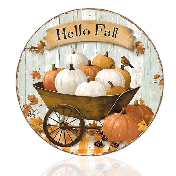 Hello Fall Round Wooden Sign, Farmhouse Pumpkin Wheelbarrow Wall Art, Vintage Autumn Front Door Hanging Decor, Rustic Harvest Home Decorative Plaque for Porch Indoor Outdoor