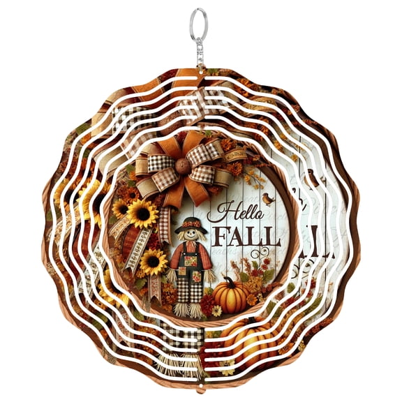 Hello Fall Scarecrow Sunflower 3D Wind Spinner Hanging, UV Printed Tinplate, Garden Art Decor, Seasonal Harvest Gift, Ro