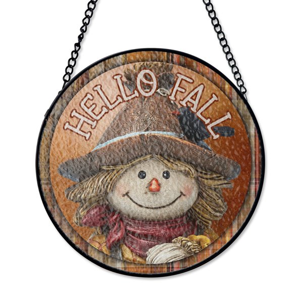 Hello Fall Scarecrow Welcome Suncatcher Stained Glass Style UV Printed Glass Autumn Harvest Decor Round