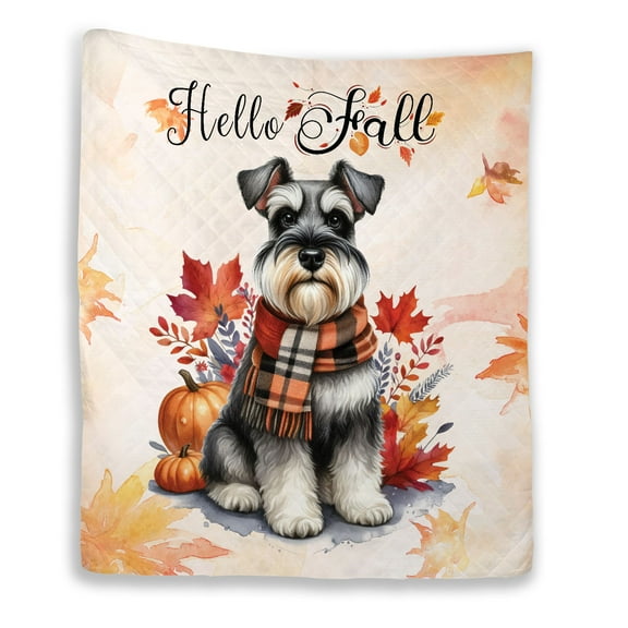 Hello Fall Schnauzer Scarf Welcome Autumn with Leaves Pumpkins Quilt Blanket Miniature Schnauzer Dog Lover Cozy Comforter Throw Blanket - 00011