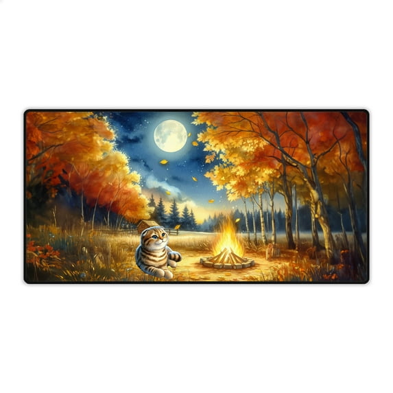 Hello Fall Scottish Fold Enjoys Warm Campfire Autumn Night Bright Moon Desk Mat Full Keyboard Mouse Pad Cat Lover Kitten Owner Gifts Large Mousepad - 01008