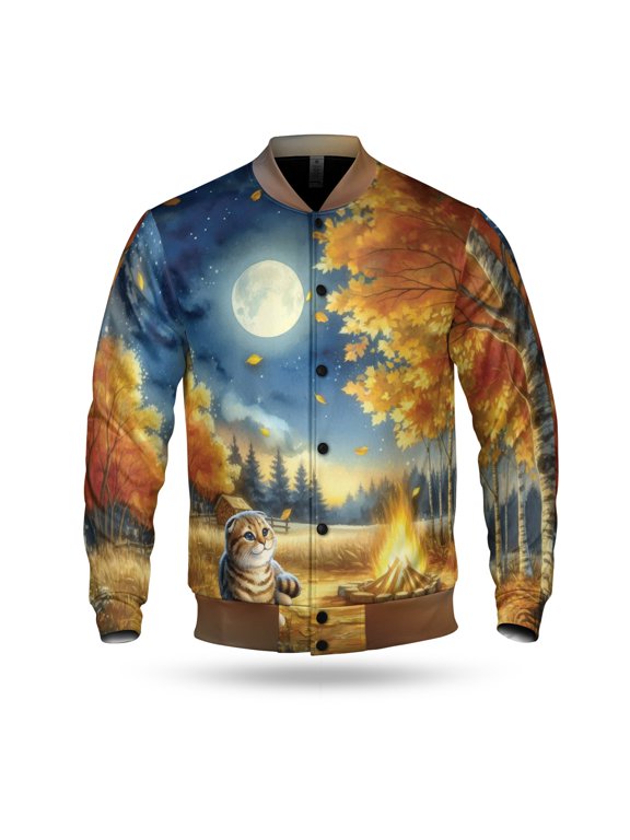 Hello Fall Scottish Fold Enjoys Warm Campfire Autumn Night Bright Moon All Over Print 3D Baseball Jacket Cat Lover Kitten Owner Gifts Bomber Jacket Softball - 01008