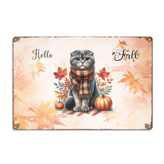 Hello Fall Scottish Fold Scarf Welcome Autumn with Leaves Pumpkins Horizontal Metal Aluminum Sign Cat Lover Kitten Owner Gifts Wall Art Home Decor - 00011