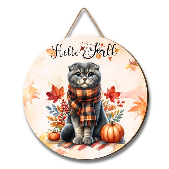 Hello Fall Scottish Fold Scarf Welcome Autumn with Leaves Pumpkins Round Wood Sign Cat Lover Kitten Owner Gifts Hanging Wall Home Decor - 00011