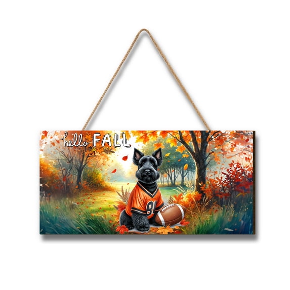 Hello Fall Scottish Terrier Football Welcome Autumn with Leaves Pumpkins Landscape Wood Sign Scottie Dog Lover Gifts Hanging Wall Home Decor - 00012
