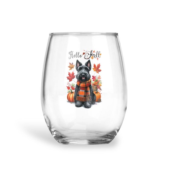 Hello Fall Scottish Terrier Scarf Welcome Autumn with Leaves Pumpkins 15oz Stemless Wine Glass Mug Scottie Dog Lover Gifts Wine Glasses Cup - 00011