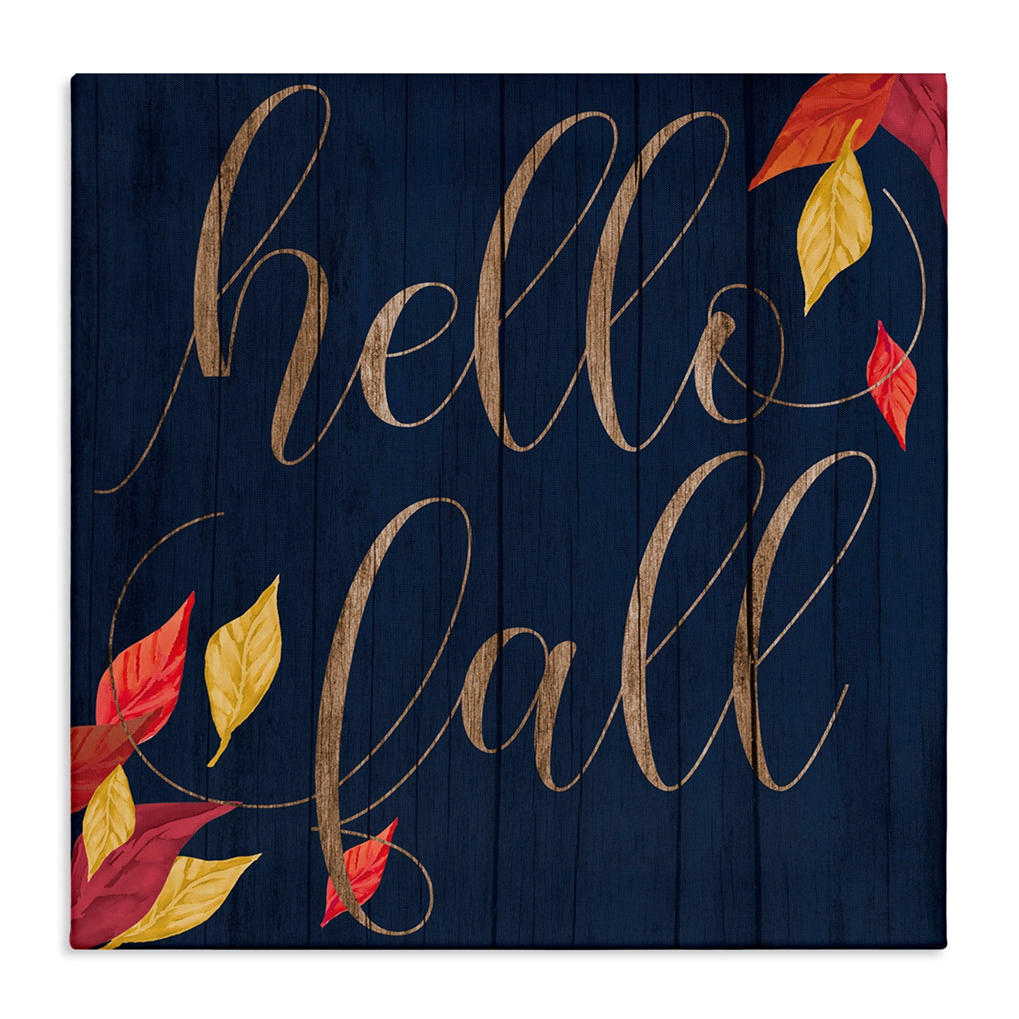 Hello Fall Script Autumn Foliage Border Typography Gallery-Wrapped Canvas Print Wall Art, 17x17