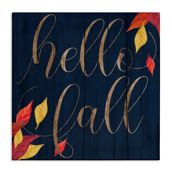 Hello Fall Script Autumn Foliage Border Typography Gallery-Wrapped Canvas Print Wall Art, 17x17