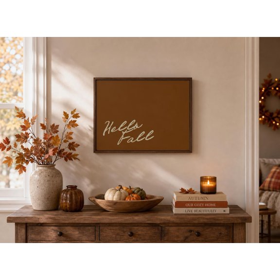 Hello Fall Script Print | Matte Horizontal Autumn Wall Art | Fall Home Decor, Unframed Paper Print