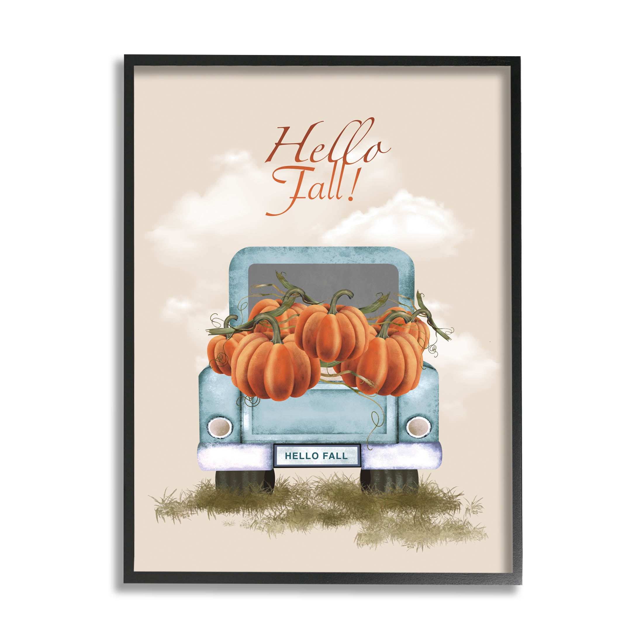 Hello Fall Seasonal Autumn Pumpkins Holiday Graphic Art Black Framed Art Print Wall Art