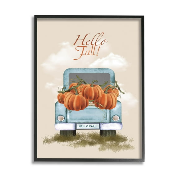 Hello Fall Seasonal Autumn Pumpkins Holiday Graphic Art Black Framed Art Print Wall Art