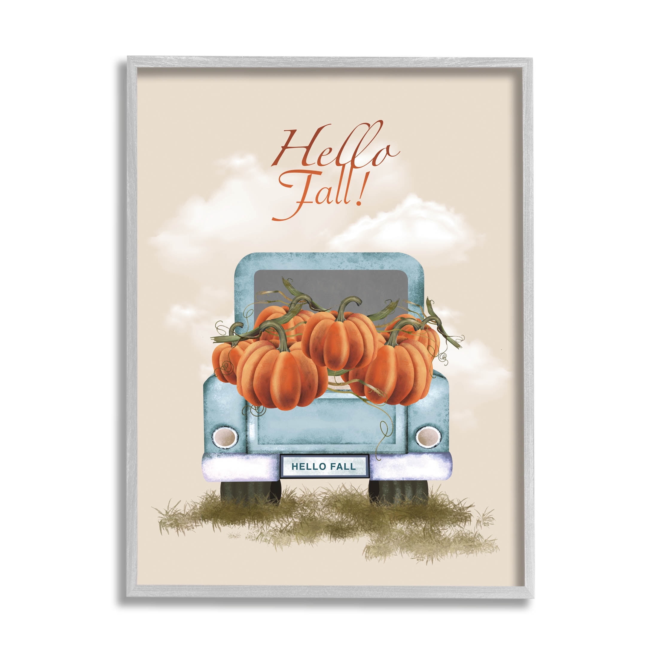 Hello Fall Seasonal Autumn Pumpkins Holiday Graphic Art Gray Framed Art Print Wall Art