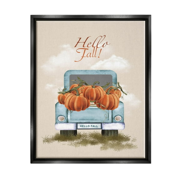 Hello Fall Seasonal Autumn Pumpkins Holiday Graphic Art Jet Black Framed Art Print Wall Art