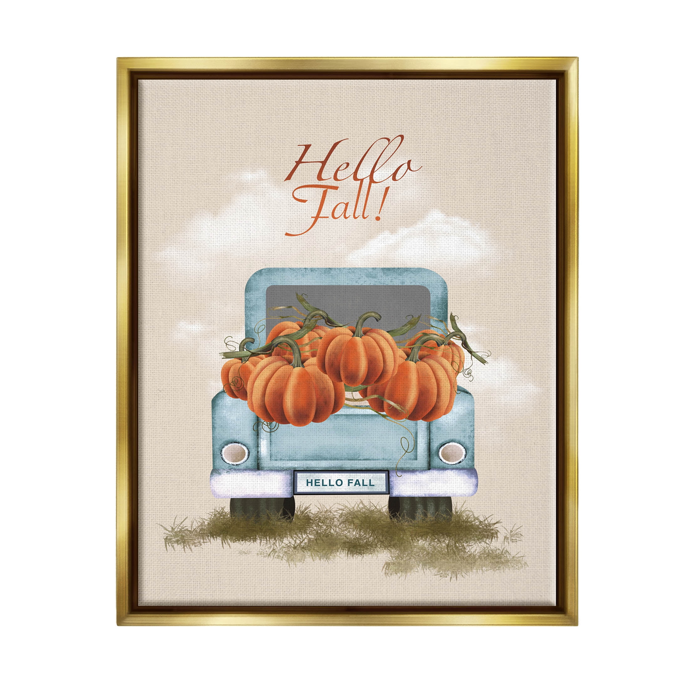 Hello Fall Seasonal Autumn Pumpkins Holiday Graphic Art Metallic Gold Framed Art Print Wall Art