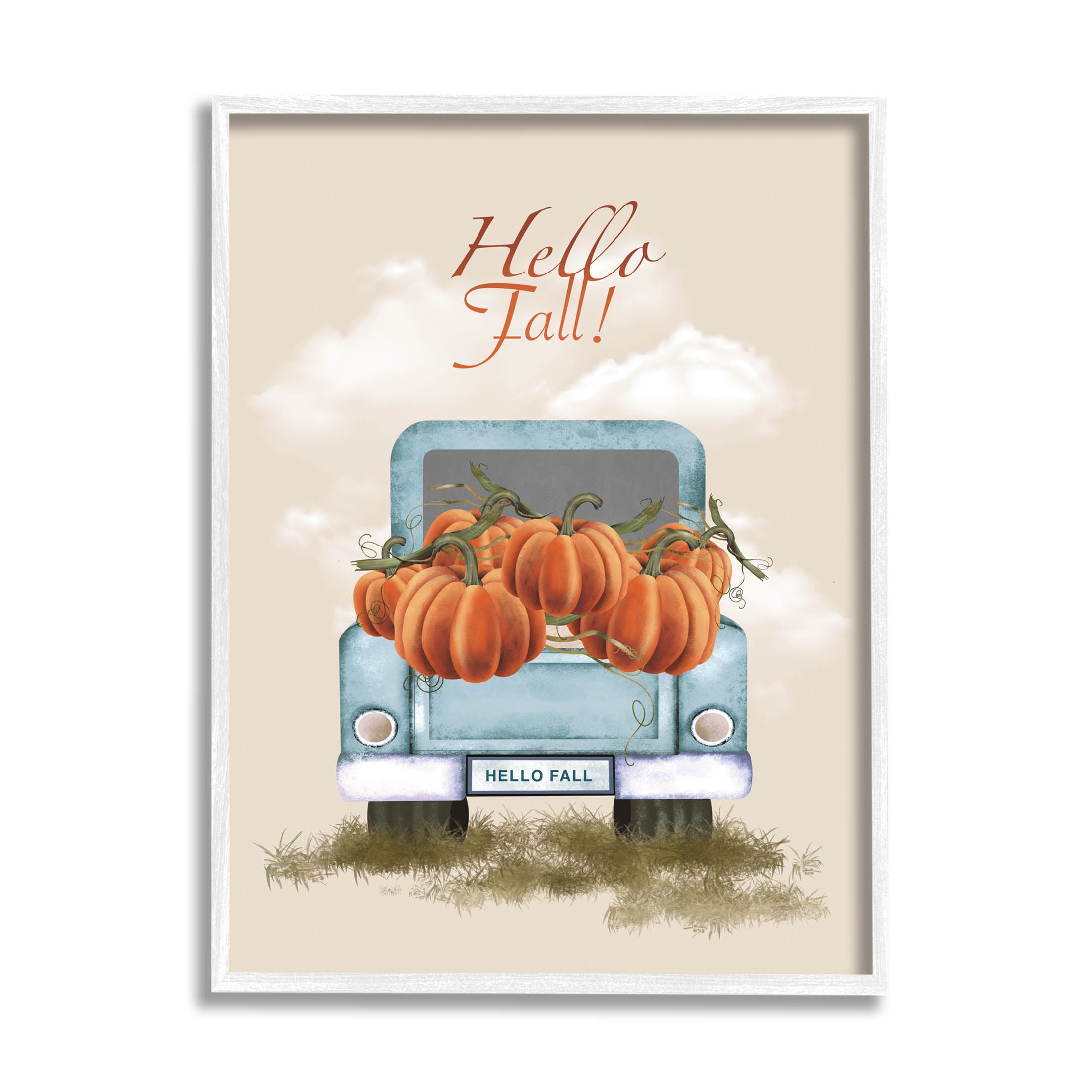 Hello Fall Seasonal Autumn Pumpkins Holiday Graphic Art White Framed Art Print Wall Art