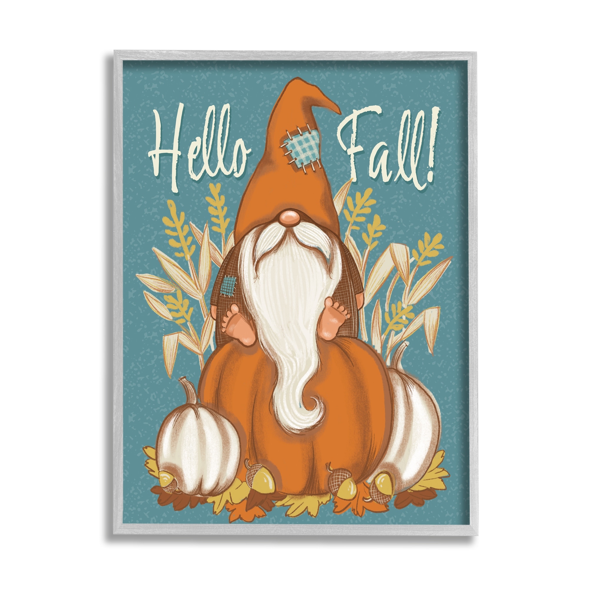 Hello Fall Seasonal Garden Gnome Wheat Sprigs Pumpkins Botanical & Floral Graphic Art Framed Art Print Wall Art