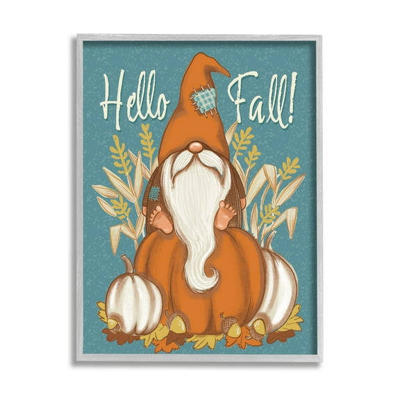 Hello Fall Seasonal Garden Gnome Wheat Sprigs Pumpkins Botanical & Floral Graphic Art Framed Art Print Wall Art