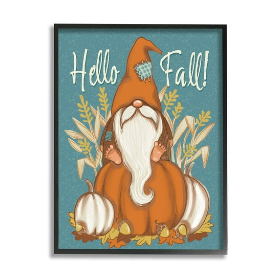 Hello Fall Seasonal Garden Gnome Wheat Sprigs Pumpkins Botanical & Floral Graphic Art Framed Art Print Wall Art