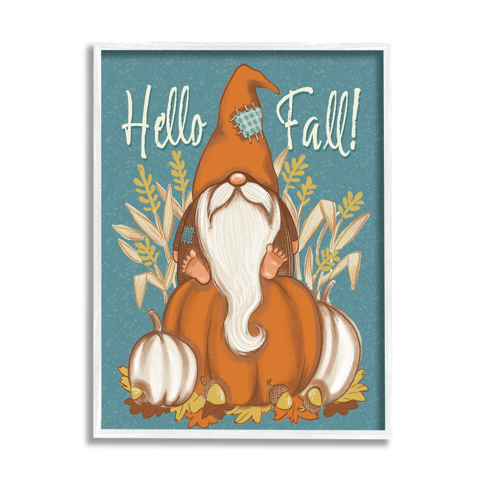Hello Fall Seasonal Garden Gnome Wheat Sprigs Pumpkins Botanical & Floral Graphic Art Framed Art Print Wall Art
