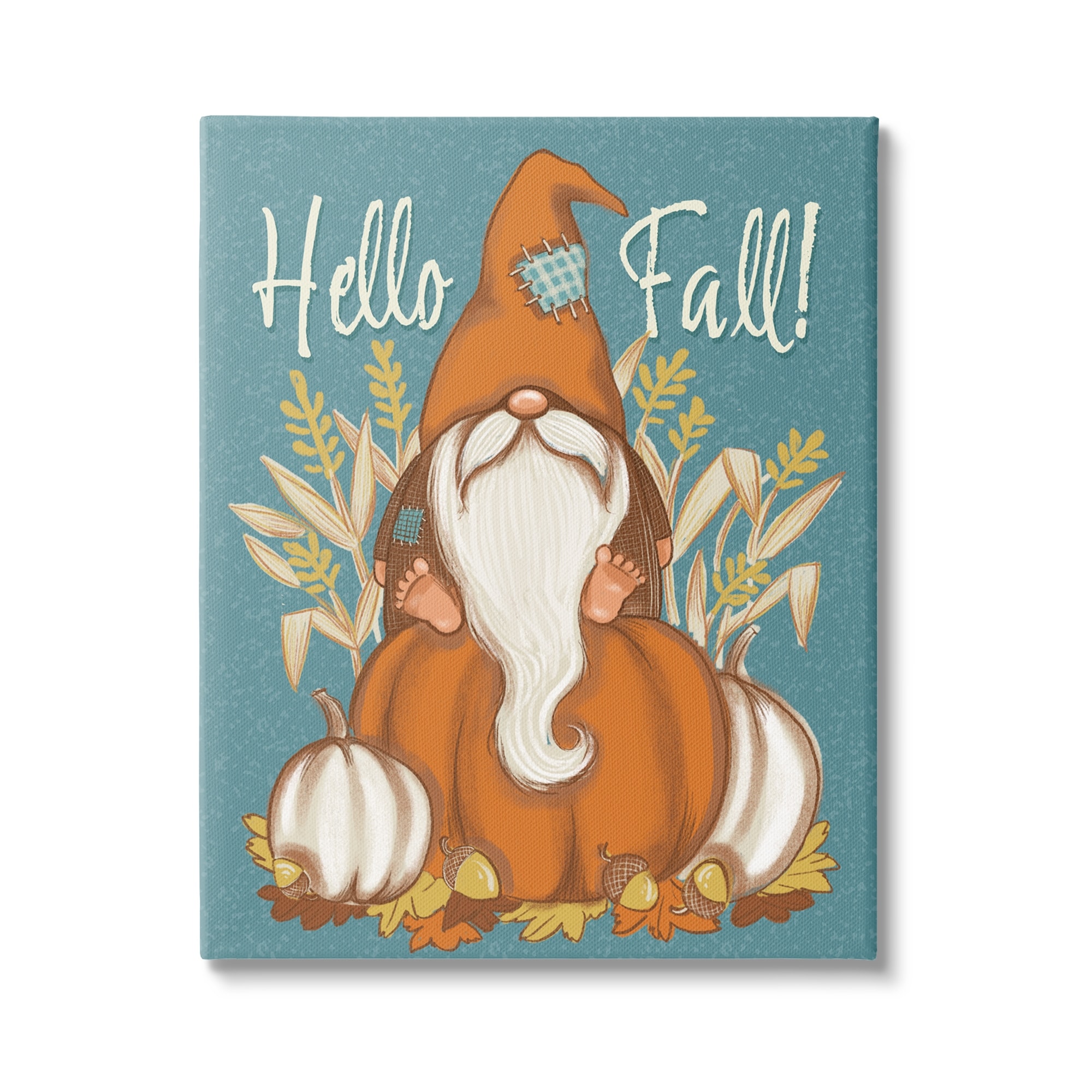 Hello Fall Seasonal Garden Gnome Wheat Sprigs Pumpkins Botanical & Floral Graphic Art Gallery-Wrapped Canvas Print Wall Art