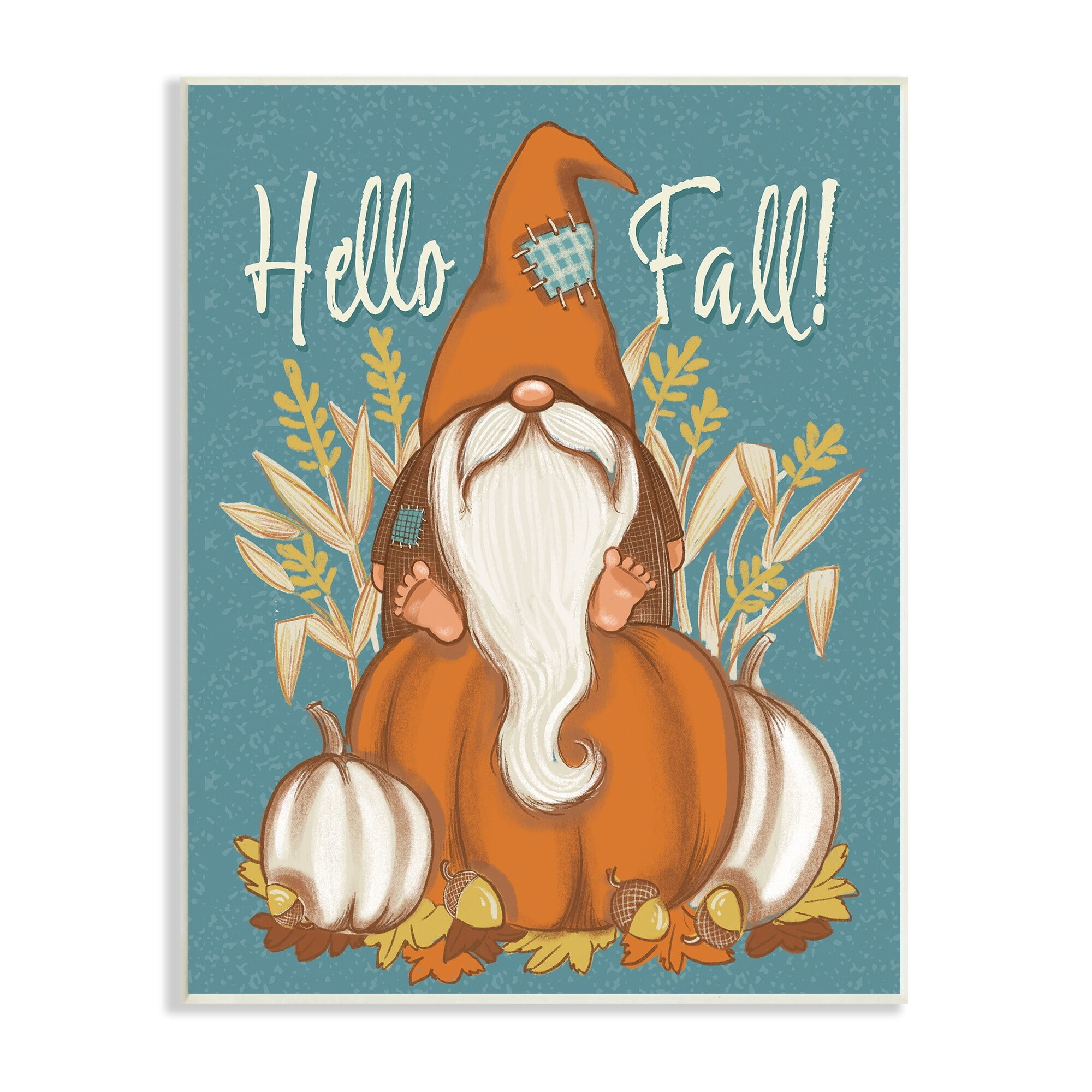 Hello Fall Seasonal Garden Gnome Wheat Sprigs Pumpkins Botanical & Floral Graphic Art Unframed Art Print Wall Art