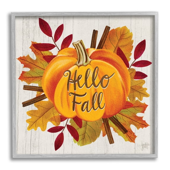 Hello Fall Sentiment Orange Pumpkin Autumn Tree Leaves Typography Framed Art Print Wall Art, 17x17
