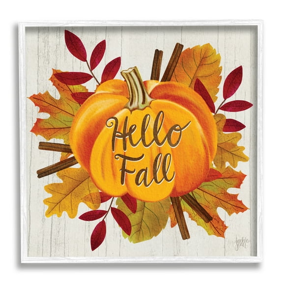 Hello Fall Sentiment Orange Pumpkin Autumn Tree Leaves Typography Framed Art Print Wall Art, 17x17