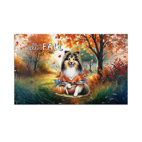 Hello Fall Shetland Sheepdog Football Welcome Autumn with Leaves Pumpkins Doormat Sheltie Dog Lover Gifts Indoor Outdoor Welcome Mat - 00012