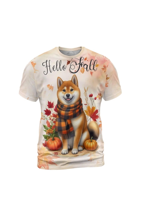 Hello Fall Shiba Inu Scarf Welcome Autumn with Leaves Pumpkins All Over Print 3D Shirt Unisex Merch Shibas Dog Lovers Gifts Idea - 00011