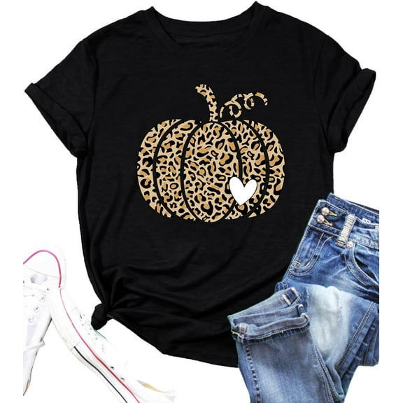 Hello Fall Shirts for Women Leopard Pumpkin Graphic T-Shirts Funny Thanksgiving Gifts Tee Tops
