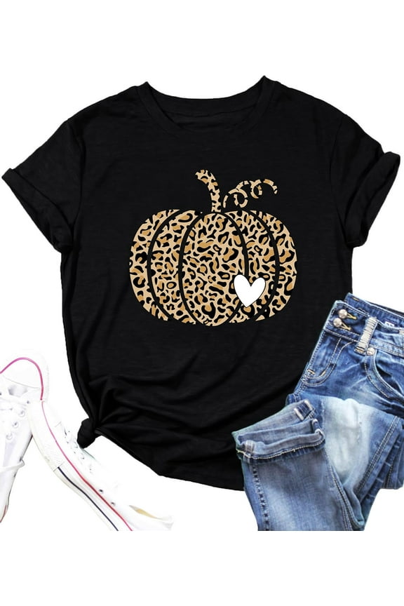Hello Fall Shirts for Women Leopard Pumpkin Graphic T-Shirts Funny Thanksgiving Gifts Tee Tops
