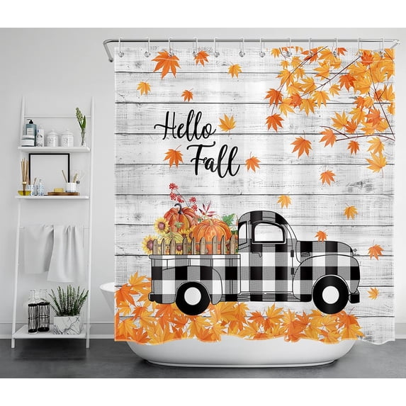 Hello Fall Shower Curtain, Farmhouse Sunflower Fall Harvest Pumpkin on Black White Checkered Plaid Truck Shower Curtains, Autumn Maple Leaves Bathroom Curtains Set with Hooks, 72X79 Inches