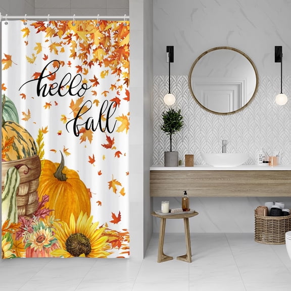 Hello Fall Shower Curtain Set Harvest Pumpkin Grateful Sunflower Fallen Maples Leaves Decorative Shower Curtain Set for Home Bathtubs Bath Waterproof Polyester Fabric with Hooks 36x72 Inches