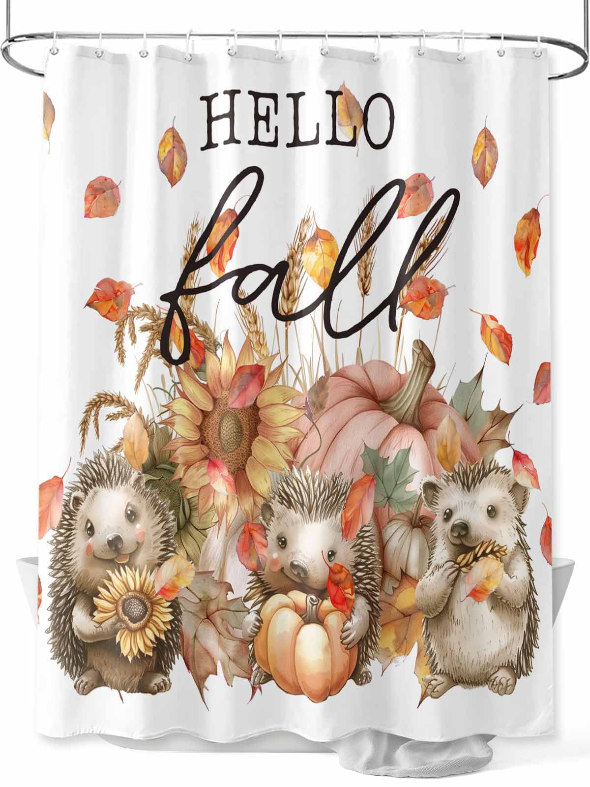 Hello Fall Shower Curtain Set, Waterproof Shower Curtains for Bathroom, Hedgehog Pumpkins Maple Leaf Washable Fabric Cloth Bath Curtain for Bathtub Decoration with Hooks 72x78 Inches