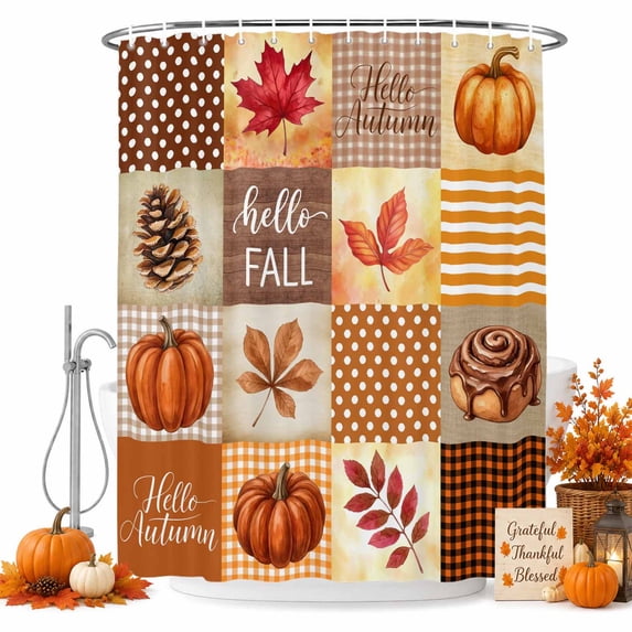 Hello Fall Shower Curtain, Waterproof Shower Curtains for Bathroom, Orange Plaid Pumpkins Maple Leaf Thanksgiving Washable Fabric Bathtub Curtain Set Bath Decor with 12 Hooks Extra Long 72"x96"
