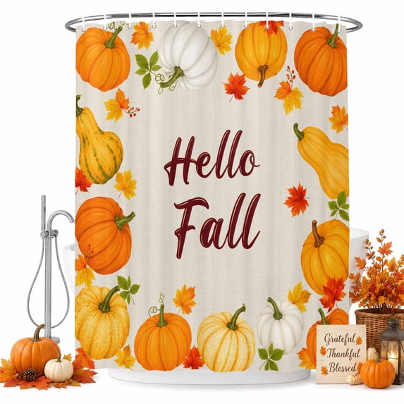 Hello Fall Shower Curtain, Waterproof Shower Curtains for Bathroom, Orange Pumpkins Thanksgiving Maple Leaves Washable Fabric Bathtub Curtain Set Bath Decor with 12 Hooks Long 72"x84"