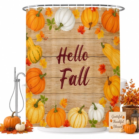 Hello Fall Shower Curtain, Waterproof Shower Curtains for Bathroom, Orange Pumpkins Thanksgiving Wood Grain Washable Fabric Bathtub Curtain Set Bath Decor with 12 Hooks 72"x78"